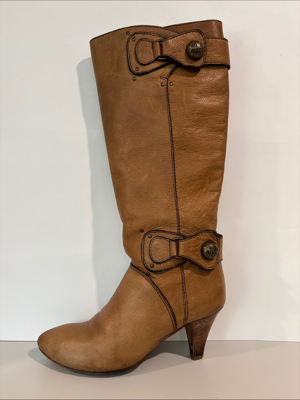 Miss Sixty Tan Leather Knee Boots Y2K Buckle Detail Stacked Heel EU 38 - Picture 2 of 15